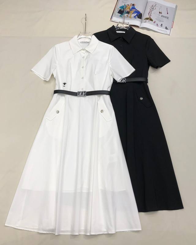 Io* 25Ss新款短袖连衣裙 纽扣式版型 小蜜蜂刺绣装饰 搭配字母腰带 高品质 两色三码Sml