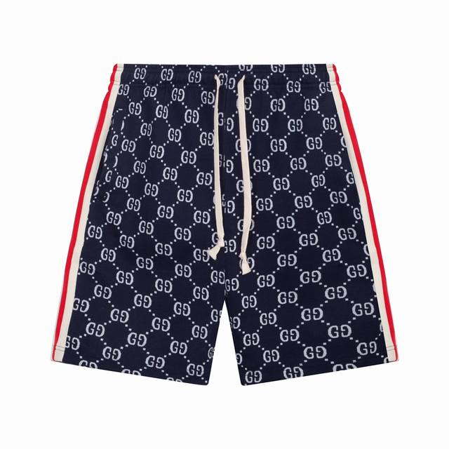 古驰 Gucci 2025新款 男女日常通勤 穿搭必备 织带拼接 全身满印字母Logo 休闲短裤 定制380克毛圈面料 红绿织带拼接 腰标吊牌洗水唛三标齐全 颜