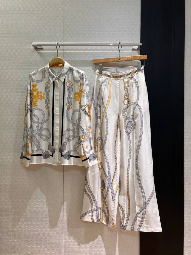 衬衣 裤子 新款定位印花真丝斜纹衬衣定位花真丝阔腿裤时尚百搭 气质慵懒 可一套或分开搭 黑色白色 S-Xl