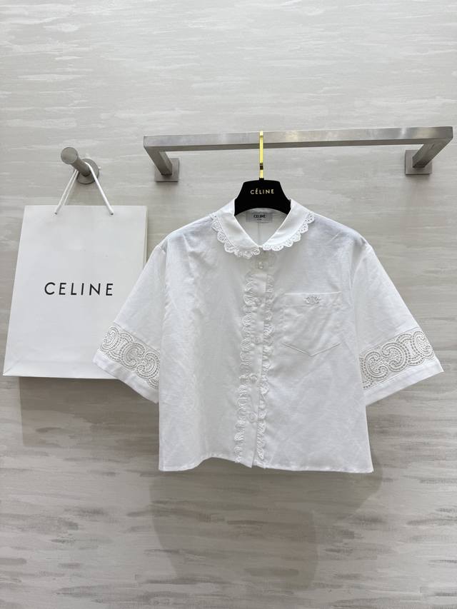 Celin2新款 重工刺绣凯旋门Logo 短款衬衫 老钱风棉麻材质 重工刺绣0001Faa1精致有细节 高品质 现货首发Size：S M L S码肩宽：40，胸