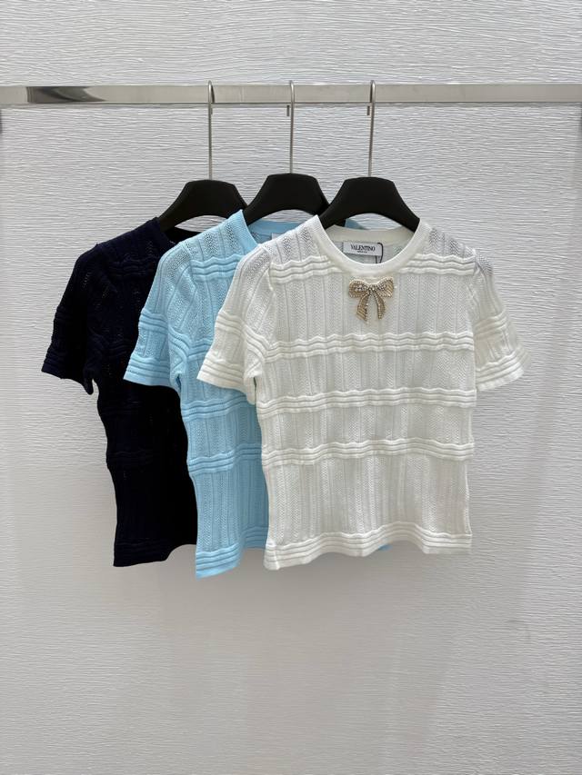 Va家 夏季新款 蝴蝶结钉钻针织短袖 颜色：宝蓝色 白色 蓝色 尺码：36.38.40