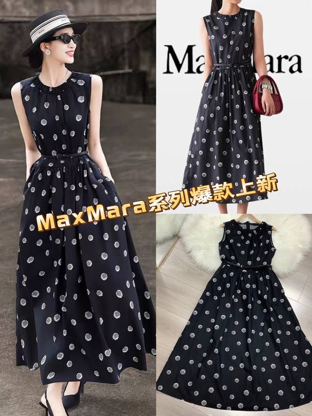 连衣裙 Max&Mara圆点棉质无袖连衣裙夏季新款高腰设计修身显瘦气质连衣裙 配腰带 ，整件裙子采用来去缝工艺，做工精致，品质上乘～面料：纯棉； 黑色 四码Sm