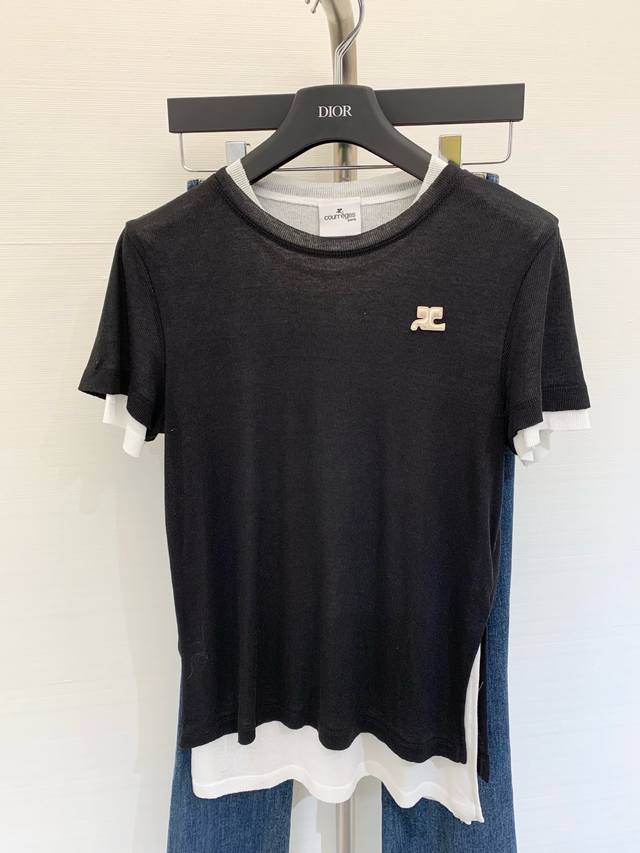 夏季新款 透薄撞色圆领恤，真两件噢！灵魂叠穿单品，下摆开叉设计，叠加长度恰到好处， 提升腰部比例，细节处理完美，完美拉长身材比例 颜色：黑色 灰色 码数：