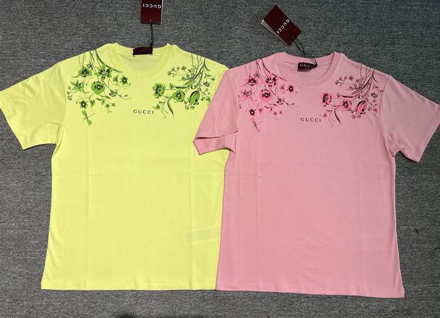 Gu-W， ,两色花朵T恤，原版开发， 粉黄Sml，现货