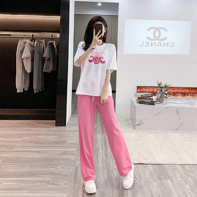 套装 Celin 漂亮时尚套装高级感轻奢女装短袖T恤长裤休闲运动两件套夏季 面料：棉混纺 Smlxl L码胸围10肩宽51衣长64腰围72裤长103 每个码胸围