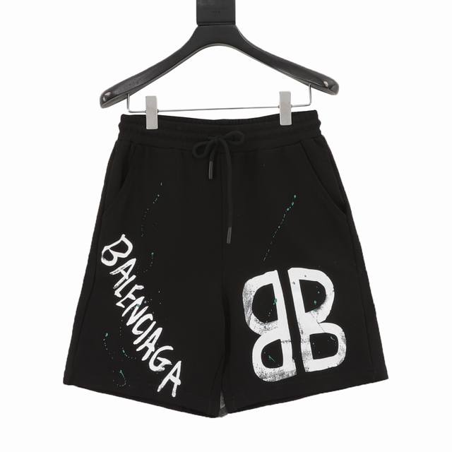 Balenciaga 巴黎世家 25Ss 双B字母印花短裤 面料采用380G纯棉毛圈面料，订染颜色后整蚀毛处理，对照原版做丝滑超柔处理，布面肌理股线清晰明显，垂