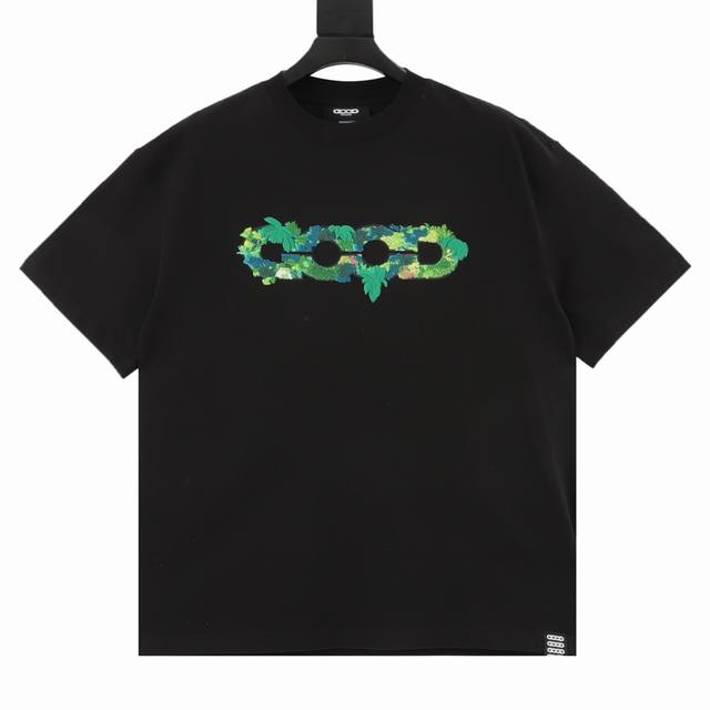 Goodbrand Ss25 立体绿植刺绣地图Logo宽松短袖T恤 男女同款 350克重面料 颜色：黑色 白色 尺码：S-Xl