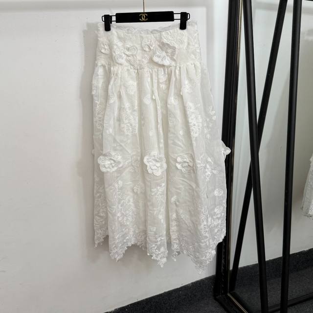 款号2053809 Zimmermann新款 立体刺绣勾花高腰蓬蓬半裙，白色，Sml， M码；腰围72，长85