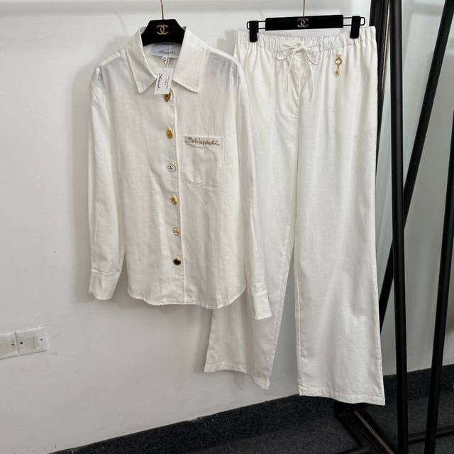 款号20253803 Schiaparelli新款亚麻套装，定制多种图纹金色纽扣 刺绣口袋长袖衬衣+金钥匙锁扣休闲西装长裤，白色，黄色，蓝色，黑色，咖色，Sml