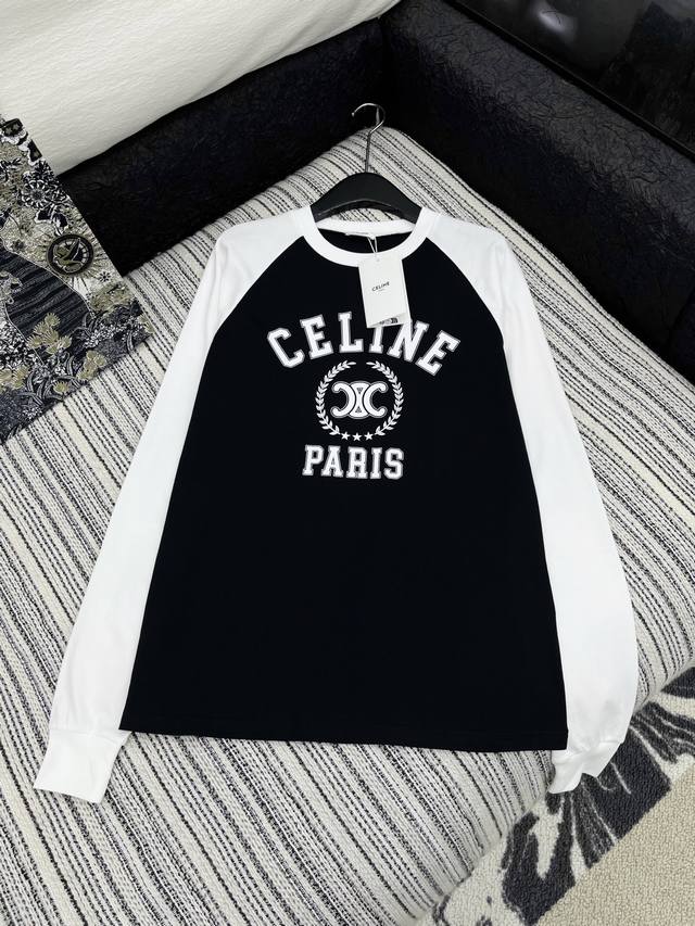 爆款现货 原单品质 ｜Celin *精致印花长袖T恤 高级撞色拼接 订制面料 质感挺阔 撞色色系图案低调奢华 减龄少女时代！白富美必备神器！ 经典版型百搭不挑人