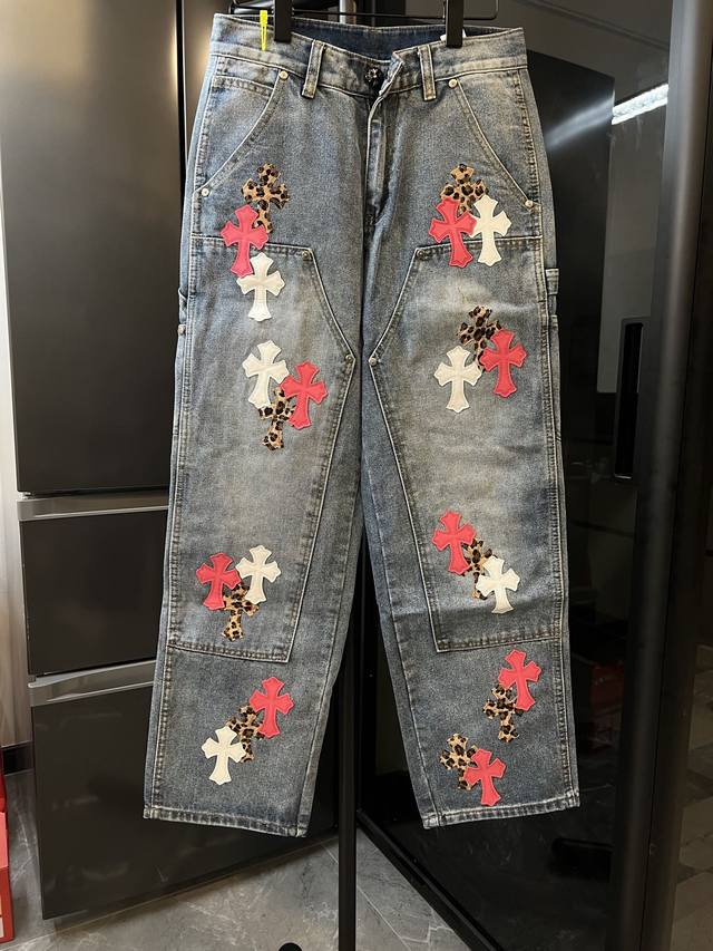 隔天 Chrome Hearts 克罗心 25Fw Ch伐木蓝拼粉+豹纹拼皮十字架牛仔裤 蓝 马来西亚限定款 Size：28 30 32 34 36 S-Xxl