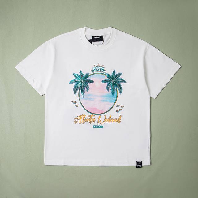 纯原配套 Goodbrand2025Ss海岛椰林珠片绣轻奢时尚高级感短袖T恤Good短袖 亮片绣花烫图烫钻印花 工艺极其复杂 全套辅料细节 Yb内置洗衣袋 还原