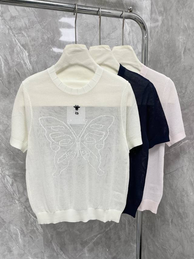 New Cd家2025新款网状小蜜蜂刺绣大蝴蝶暗纹透气短袖出货 3色 S M L码