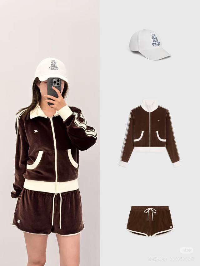 外套 短裤P230 Celin* 25Ss春夏新款 凯旋门拉链立领休闲外套+短裤套装。原版开发 高版出品！丝绒材质 质感高级品相十足 立领拉链外套 撞色设计 低