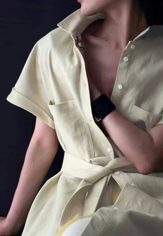 连衣裙 高端欧货气质女神范重磅植物酵洗100%亚麻连衣裙，休闲百搭中长款衬衫长两，两色浅绿色 粉色4码Smlxl 面料：丝麻 M码胸围108肩宽43腰围110裙