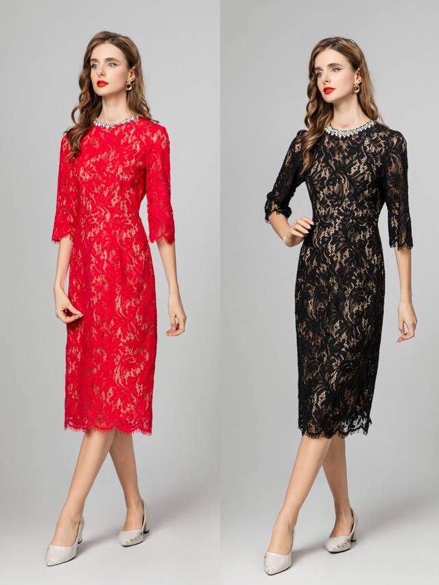连衣裙 Dolce Gabbana／Dg 杜嘉班纳 爆款出货啦，赶紧报单春夏新欧美明星领口钉珠，水溶蕾丝连衣裙两色，红黑，仙女，面料舒服上身图美美哒哟。Size