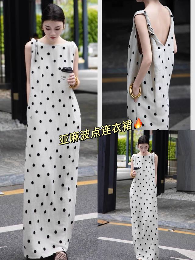 连衣裙 气质独特 长款圆领无袖亚麻波点连衣裙 Smlxl