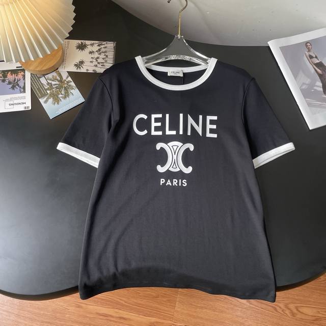 自带松弛感的Celine 撞色短袖T 经典黑白配，简约又高级~胸前大Logo 自带气场，不管是单穿还是叠穿都超绝！面料舒适透气，日常出街、约会通勤都能拿捏松弛时