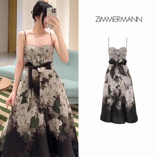 Zimmermann澳洲贵妇度假风黑色绣球印花细节肩带串珠吊带鱼骨抹胸式高腰蓬蓬连衣长裙。Smlxl