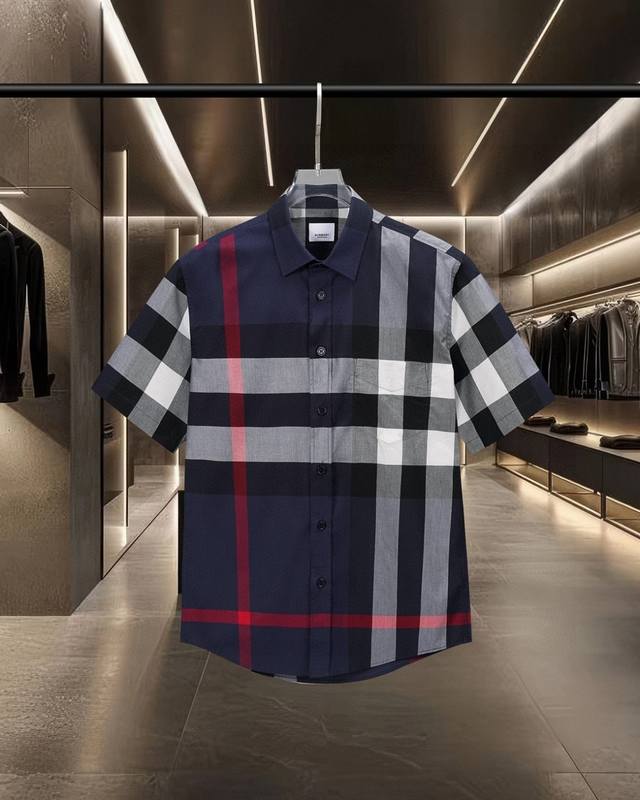Bur 巴宝莉 Burberry爆款来袭 格纹弹力棉府绸短袖衬衫系列 2025Ss官网新款短袖 衬衫 衬衣，精美工艺 高端版本，专柜定制面料 透气舒适度高，精工