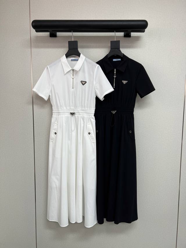 高品质Prada* 25Ss新款短袖连衣裙 净色百搭 收腰显瘦 经典三角标 高品质 两色三码Sml