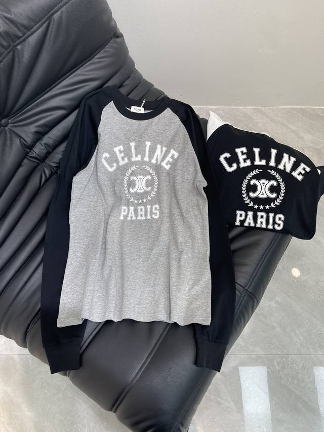 Celin *精致印花长袖T恤 高级撞色拼接 订制面料 质感挺阔撞色色系图案低调奢华 减龄少女时代！白富美必备神器！ 经典版型百搭不挑人 强烈推荐自留款！ 黑色
