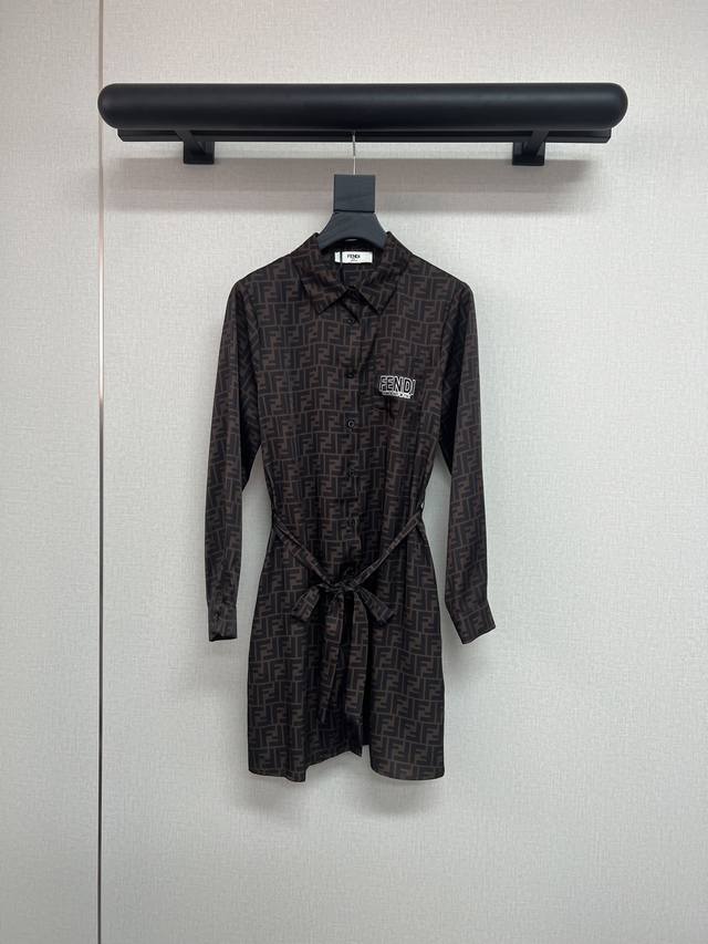 高品质Fendi2025早秋长袖翻领衬衫腰带连衣裙经典咖色Ff字母印花口袋定位字母印花经典色系身上大牌范十足单色Sml
