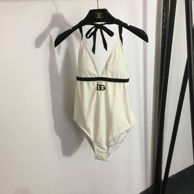 款号 1762 Dg*新款 Dg刺绣字母 拼色系带挂脖连体泳衣，米白色，S-Xl，