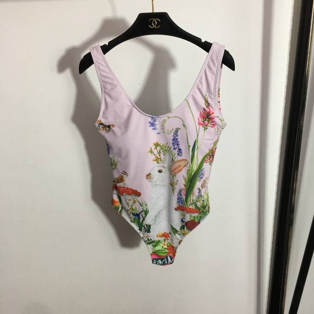 款号 1194 Dg*新款 兔子花朵印花 吊带连体泳衣 带胸垫 ，浅粉色，S-Xl，