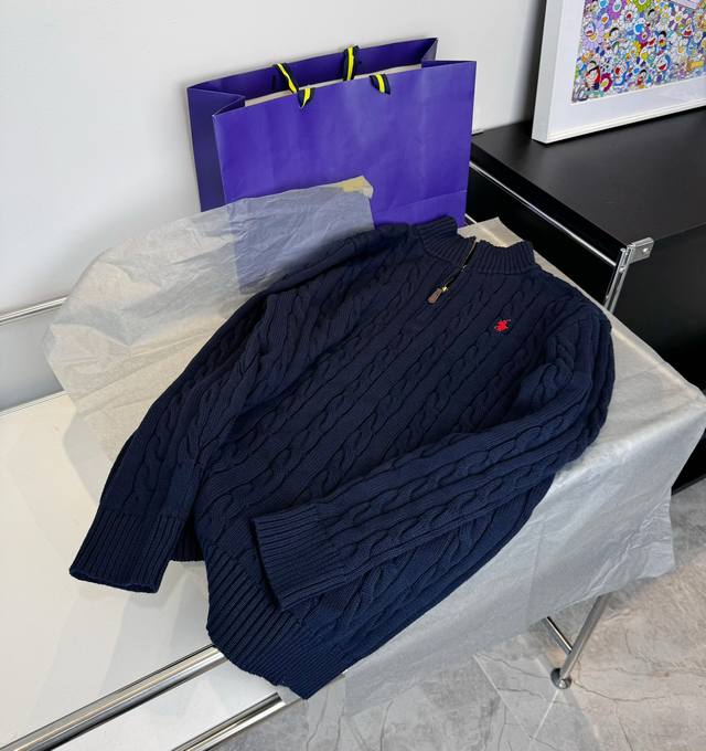 款号：L02 Ralph Lauren 拉夫劳伦经典战马小标刺绣Logo保罗Polo高领套头经典半拉链针织麻花毛衣针织衫 Size：Xs S M L 颜色：藏青