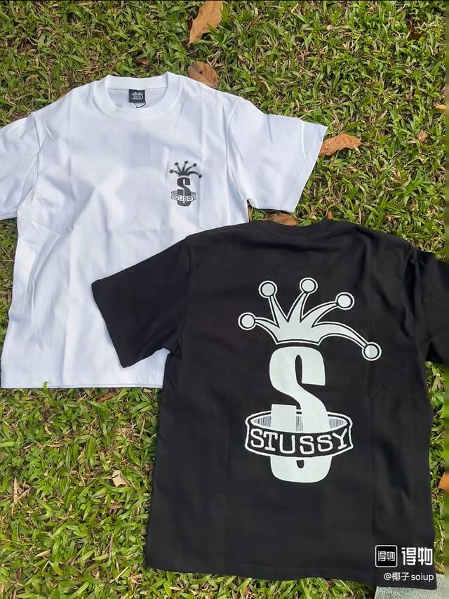 1178款Stussy 秋季系列 Crown Band Tee Logo皇冠图案字母印花休闲圆领短袖T恤 男女同款 码数Mlxlxxl 黑色白色