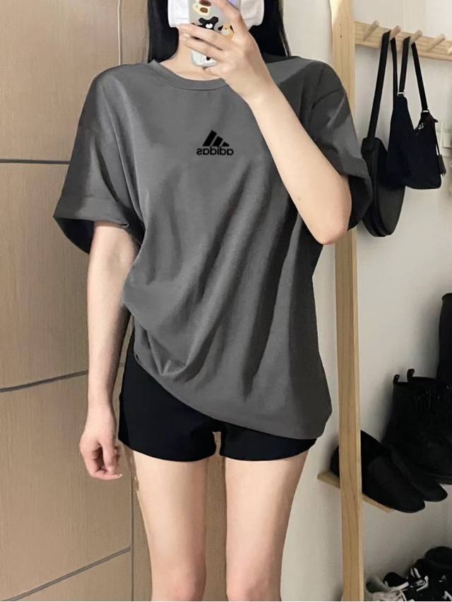 A338# Adidas阿迪达斯 纯棉直筒黑标T恤短袖情侣款 Color: 碳灰色 胸围
