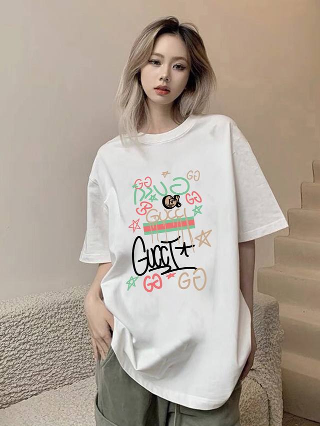 A327# 古驰Gucci 彩色印花情侣宽松圆领短袖 男女同款 情侣款 申州公司客供双纱柔棉面料 亲肤宜人 透气舒适 进口康丽数码直喷工艺 色泽清晰 质感无敌