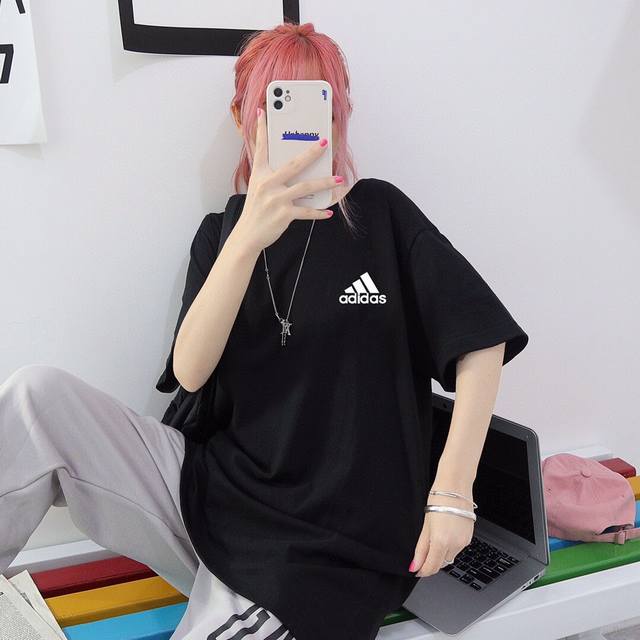 款号A296# #Adidas阿迪达斯海外版风靡街头复古时尚达人同款情侣短袖 男女同款 情侣款 申州公司客供双纱柔棉面料 亲肤宜人 透气舒适 进口康丽数码直喷工