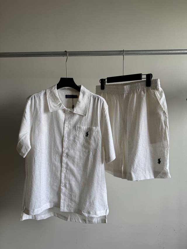 新品上新！上衣 裤子100 拉夫劳伦下家新品，男士亚麻古巴风格短袖衬衫套装，亚麻面料上身舒服透气，白色短裤内里搭配50D四面弹内衬不透肉，大厂出品做工精细，古巴