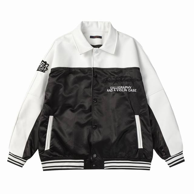 款号698 Lv 王嘉尔同款Fp菲董设计毛巾绣拼接棒球服 采用荔枝纹Pu革与防水帆布相结合拼接成衣， 搭配重工五金配件 M L Xl Xxl
