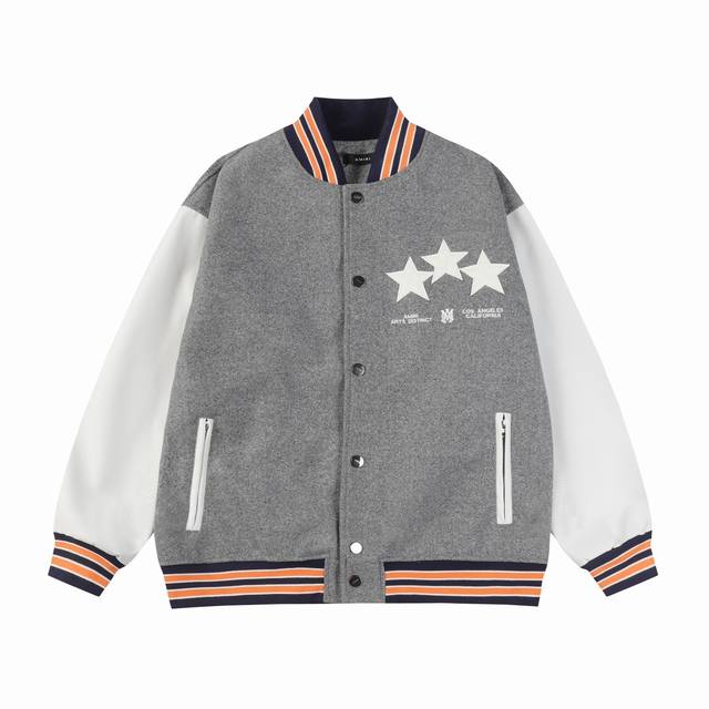 D06 Amiri Ss 星星棒球服外套 -采用激光烧花贴布工艺，口袋五金拉链设计 ,尽显独特 -700G龙凤尼与荔枝纹Pu相碰撞 时尚百搭 M L Xl Xx