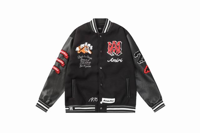 款号666 Amiri新款老虎毛巾绣万针刺绣棒球服外套，高克重龙凤尼面料搭配荔枝纹皮革手袖，重工五金一比一还原 M L Xl Xxl