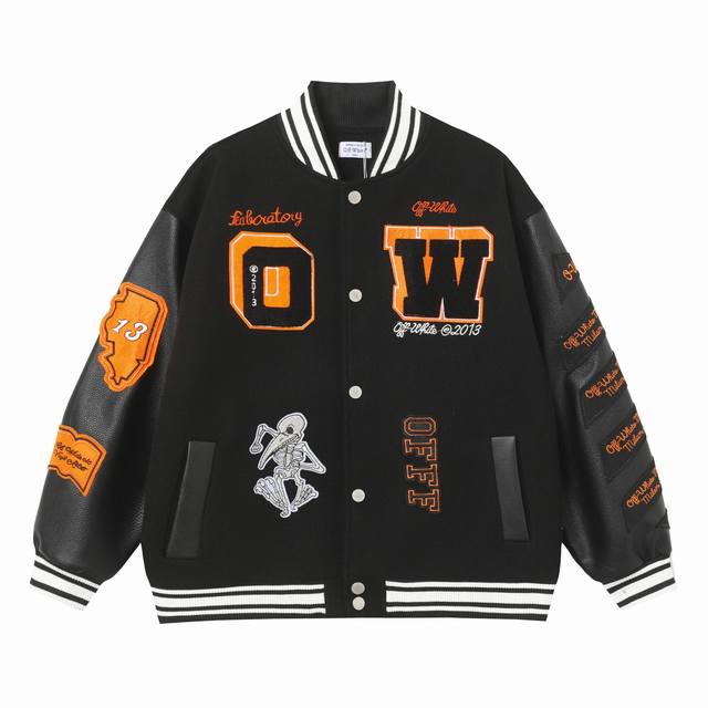 Off White W076款 尺码：M Lxl Xxl Offwhite24Ss走秀款棒球服夹克外套 原板开模，耗时一个月出货 重工刺绣拼皮棒球服 大身采用羊