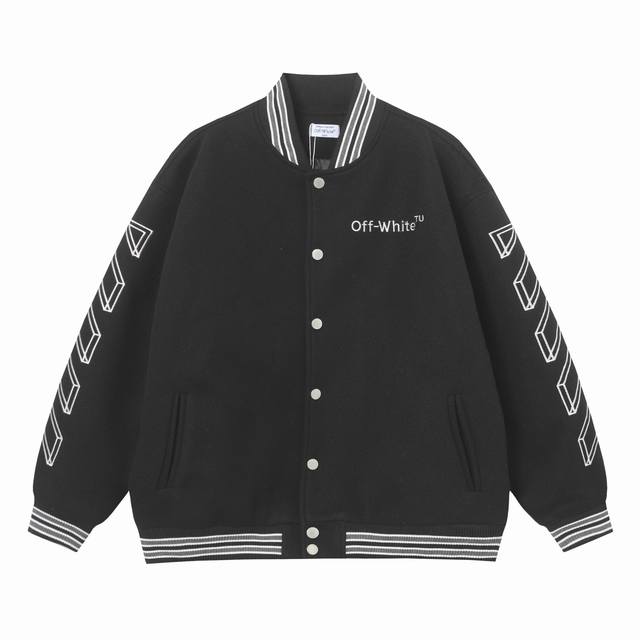 Off White W039款 尺码：M Lxl Xxl Offwhite24Ss走秀款棒球服夹克外套 原板开模，耗时一个月出货 重工刺绣拼皮棒球服 大身采用羊