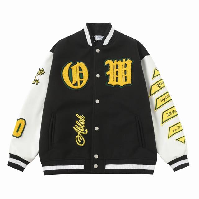Off White W055款 尺码：M Lxl Xxl Offwhite25Ss走秀款棒球服夹克外套 原板开模，耗时一个月出货 重工刺绣拼皮棒球服 大身采用羊