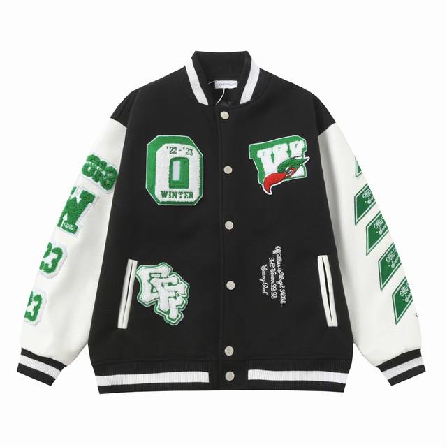 Off White W068款 尺码：M Lxl Xxl Offwhite25Ss走秀款棒球服夹克外套 原板开模，耗时一个月出货 重工刺绣拼皮棒球服 大身采用羊