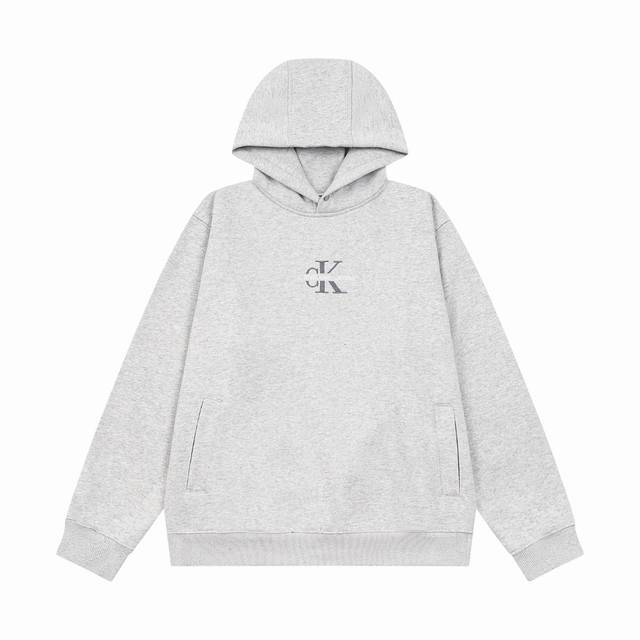 款号 F001 高品质重磅抓绒面料 420G毛圈抓绒原版开发！加绒 秋冬Calvin Klein Ck秋季新款男女胸前字母印花连帽长袖卫衣 颜色：花灰色 尺码：
