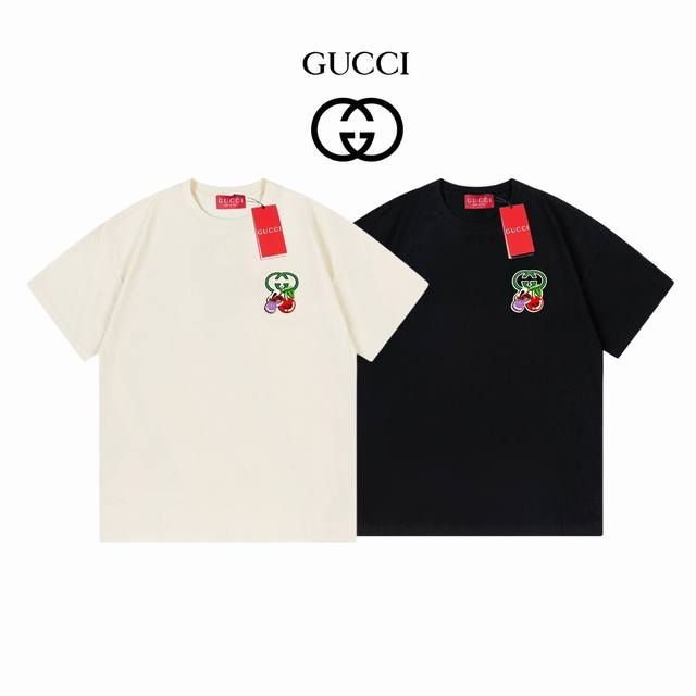 Gucci古驰 双G樱桃牙刷刺绣短袖 260克 ：黑色 杏色 ：Xs-L