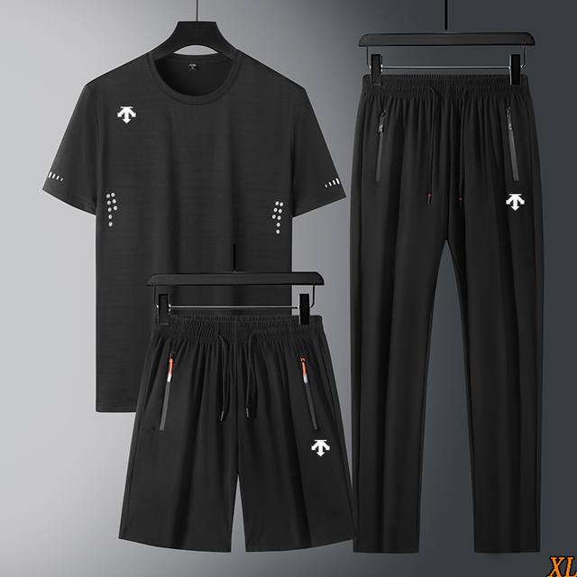 Descente迪桑特 独家实拍上新夏季高品质竹节纹冰丝宽松透气短袖户外休闲五分裤长裤男休闲运动速干短袖短裤长裤套装三件套，本季主打，货源充足，放心主推，高端品