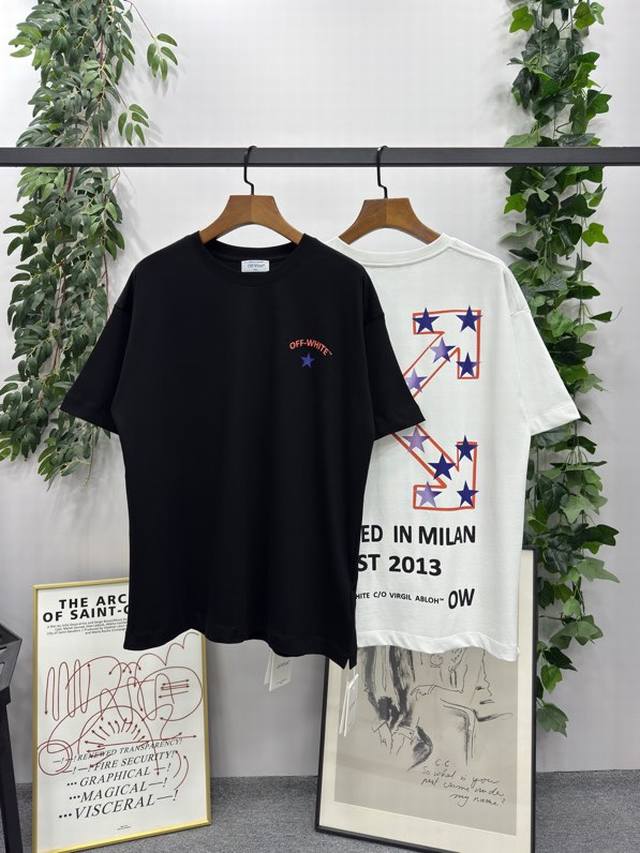 2025Ss春夏新款 品牌：Off-White 渐变五角星箭头款短袖T恤！ 颜色：白色 黑色 尺码：S-M-L-Xl 男女同款 面料：采用定制260克32织纯棉