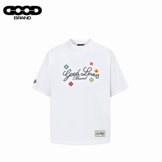Goodbrand 2025Ssgoodloves小花立体刺绣标语轻奢时尚高级感短袖T恤 采用订色订染毛圈纯棉衣面，250G双股双纱，手感舒适 进口针织针梳棉进
