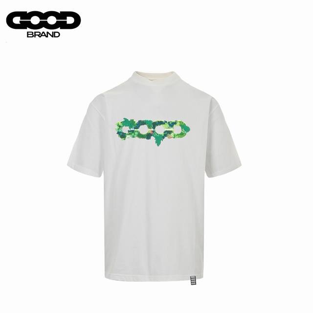 Goodbrand Ss25 立体绿植刺绣地图Logo宽松短袖T恤 采用订色订染毛圈纯棉衣面，250G双股双纱，手感舒适 进口针织针梳棉进行制作，搭配320G1