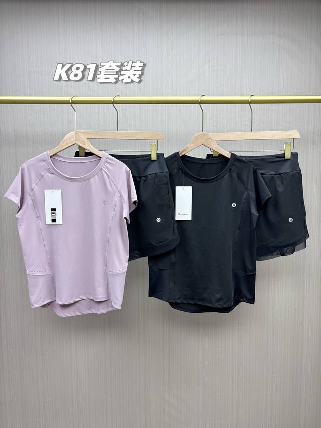 夏季休闲运动必备！Lululemon2025夏季新款女士轻型速干运动短袖短裤套装！可外穿宽松运动套装，运动女神闭眼入！整套都是网纱拼接+冲孔设计，短裤内里有防走