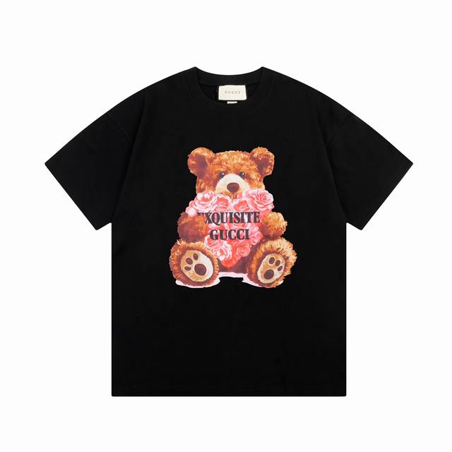 8891# Gucci 古驰 玫瑰花小熊双G字母印花 Logo标识精致升级，灵感源自八十年代复古 原版面料 官方同款 短袖T恤 定制2 克同缸染面料 手感非常舒